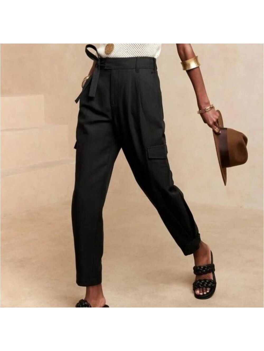 Banana Republic Lyocell Linen Cargo Pants 8 Black Belted Pleated Tapered Safari